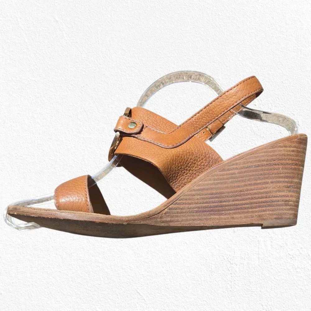 Tory Burch Tan Leather Miller Wedge Sandals Logo Slingback Heels Size 10.5M